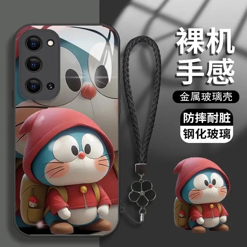适用于OPPOReno5叮当猫手机壳钢化玻璃网红创意全包硅胶防摔保护
