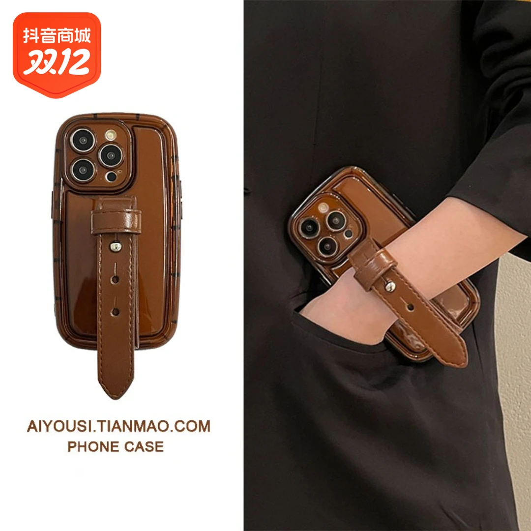 简约棕皮护腕iphone14手机保护壳13promax苹果11软硅胶套女