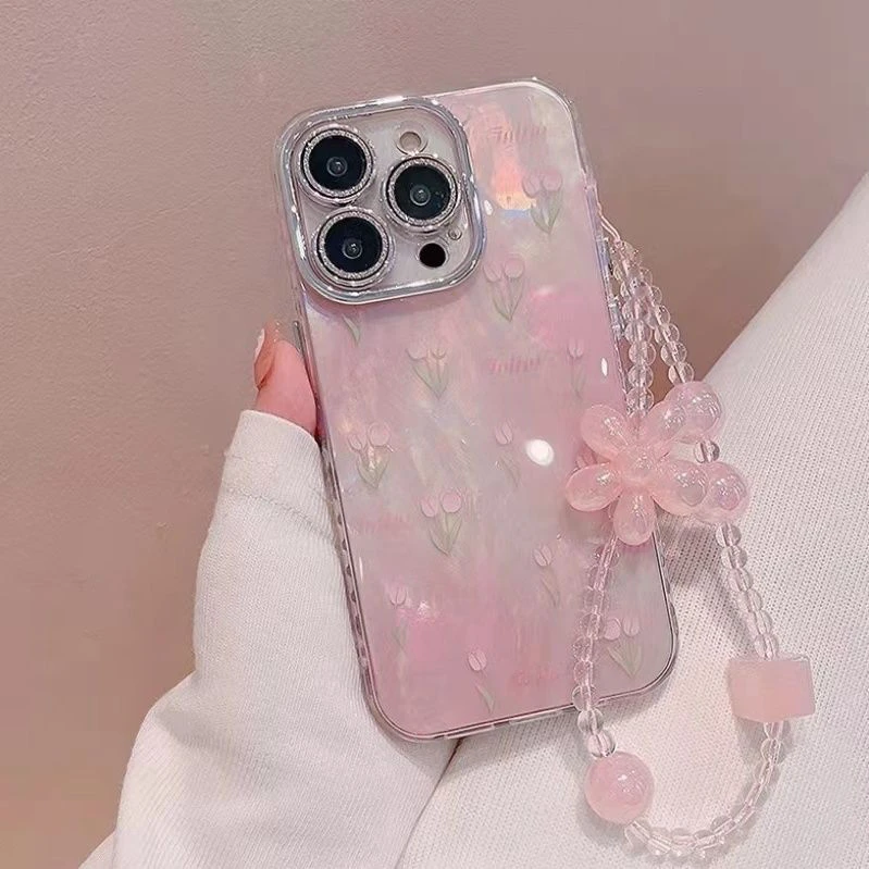郁金香贝壳纹苹果15promax手机壳iPhone14闪粉镜头膜13女12手链11