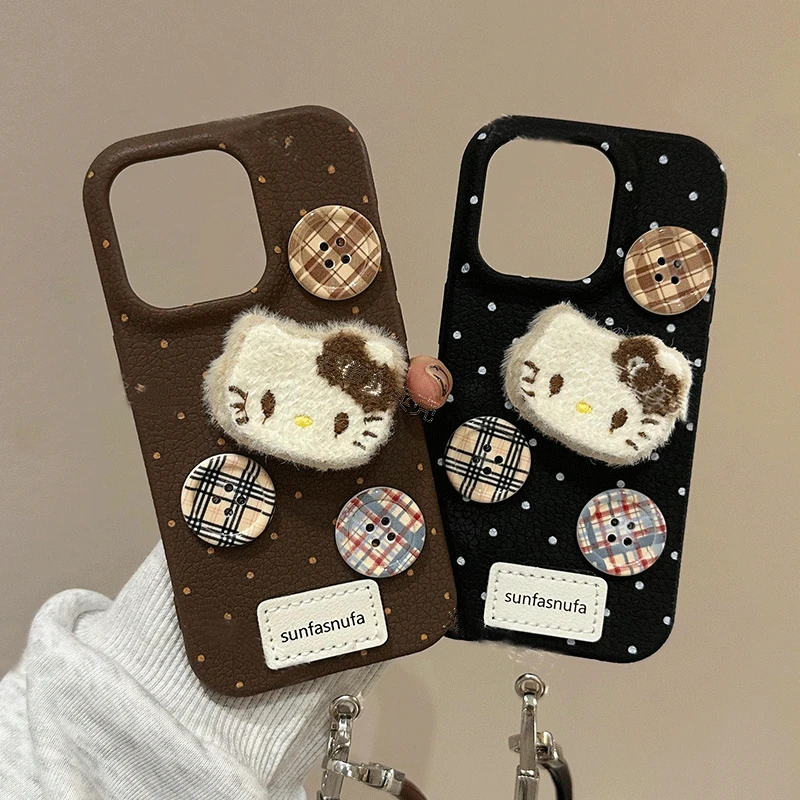 秋冬毛绒立体KT猫纽扣适用iPhone16promax苹果15手机壳14新款13软
