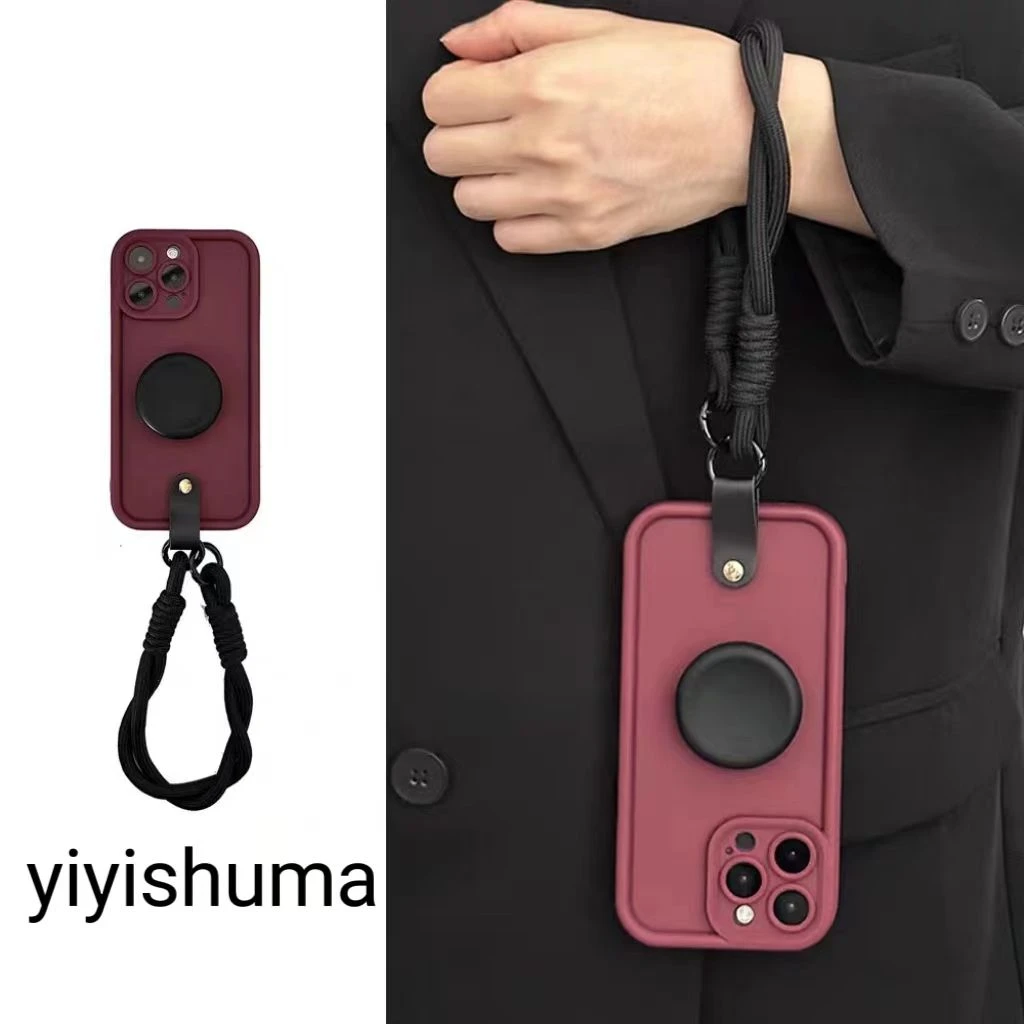 秋冬复古风酒红黑圆硅胶支架苹果14手机壳iPhone15高级感13全包12