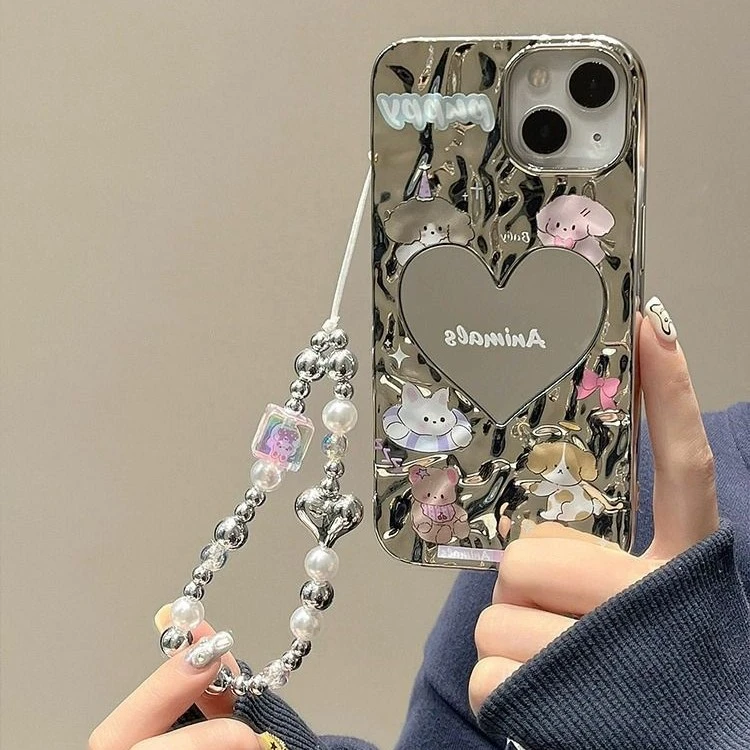 电镀爱心小动物挂绳苹果14PROMAX手机壳新款iPhone14女款13/12/11