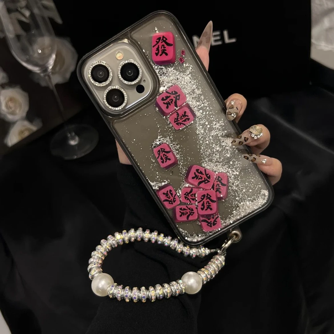 新款发财流沙iPhone15手机壳苹果14promax个性13防摔12透明16手链