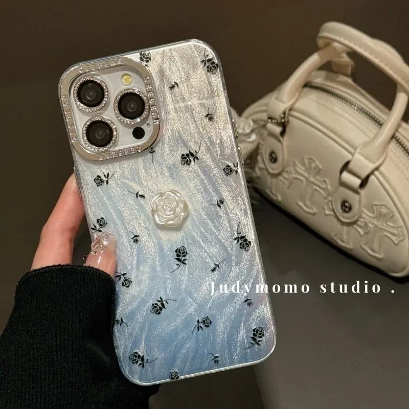 冷淡风简约小众黑色玫瑰山茶花适用iPhone15promax苹果14手机壳13