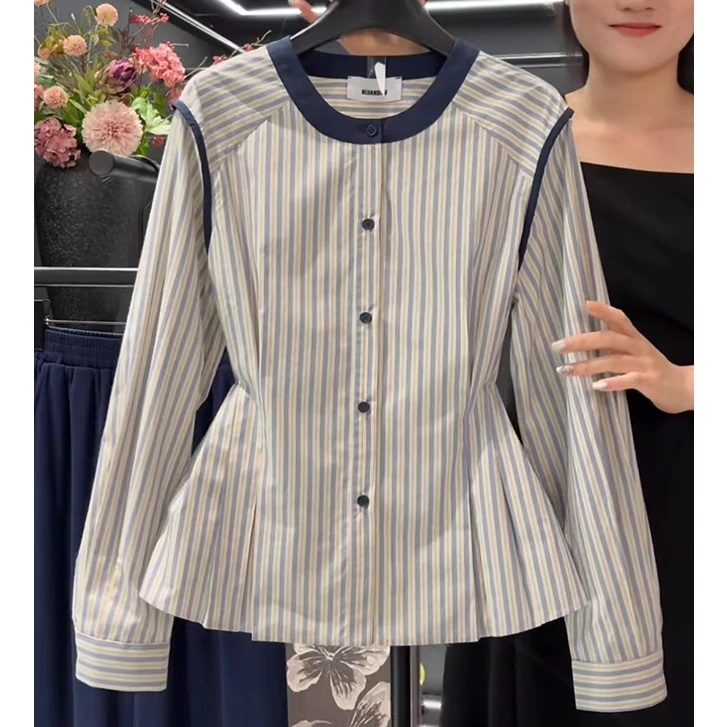 2024秋冬新款别致独特显瘦衬衫女时尚设计感撞色条纹长袖上衣女