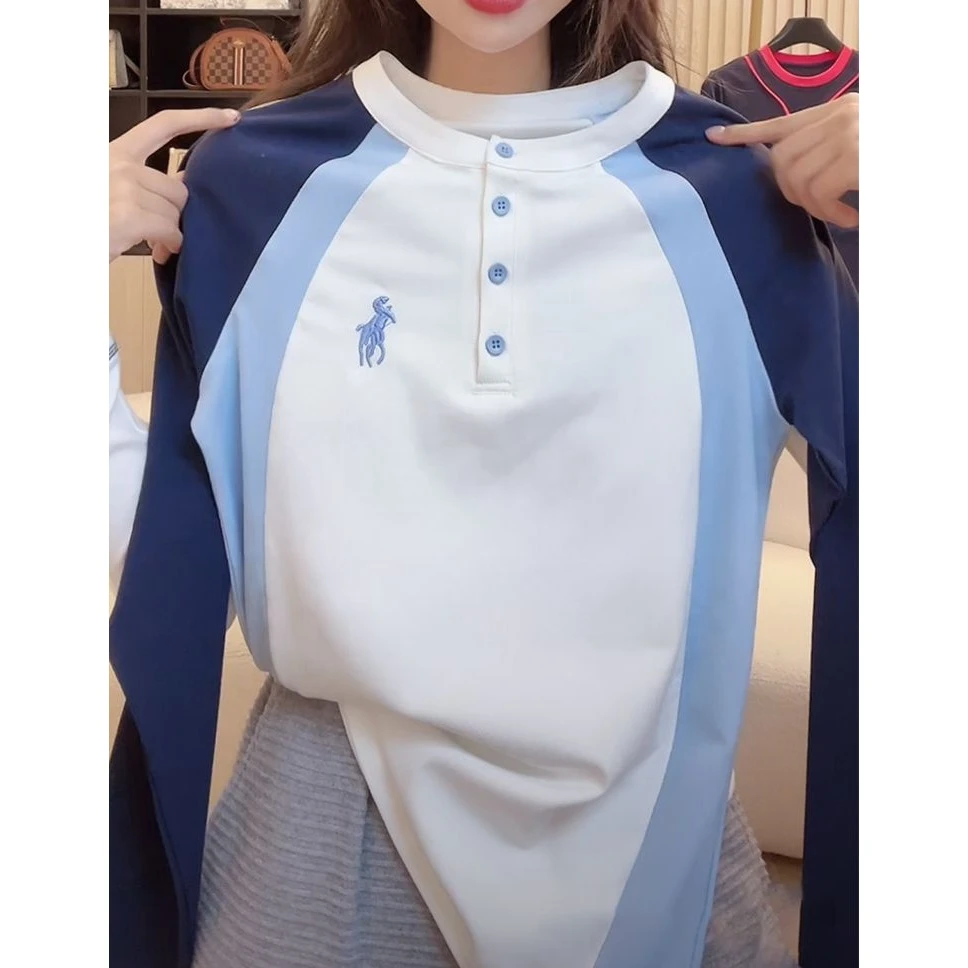 2025秋季新款拼色百搭圆领t恤女修身显瘦时尚休闲长袖上衣女