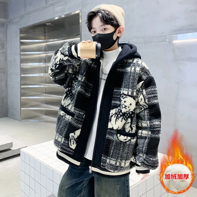 X7088（亲子装）冬季帅气加绒加厚保暖小熊洋气毛毛衣外套中大童