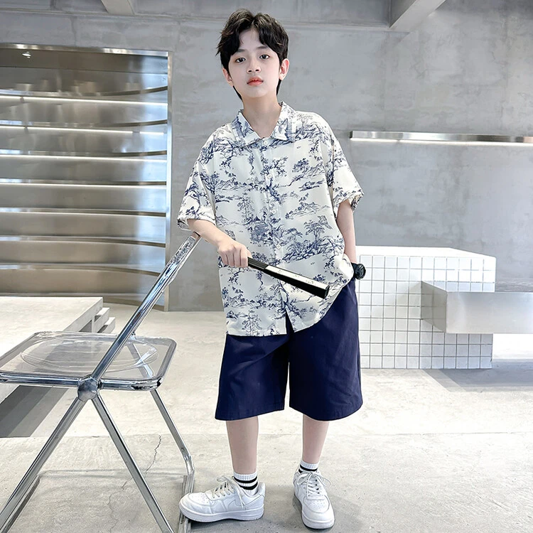 X771夏季中大童复古薄款中国风冰凉风景画套装