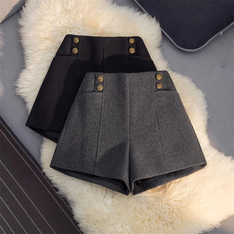 外穿毛呢短裤女小个子2024年秋冬灰色高腰靴裤百搭显瘦A字阔腿裤