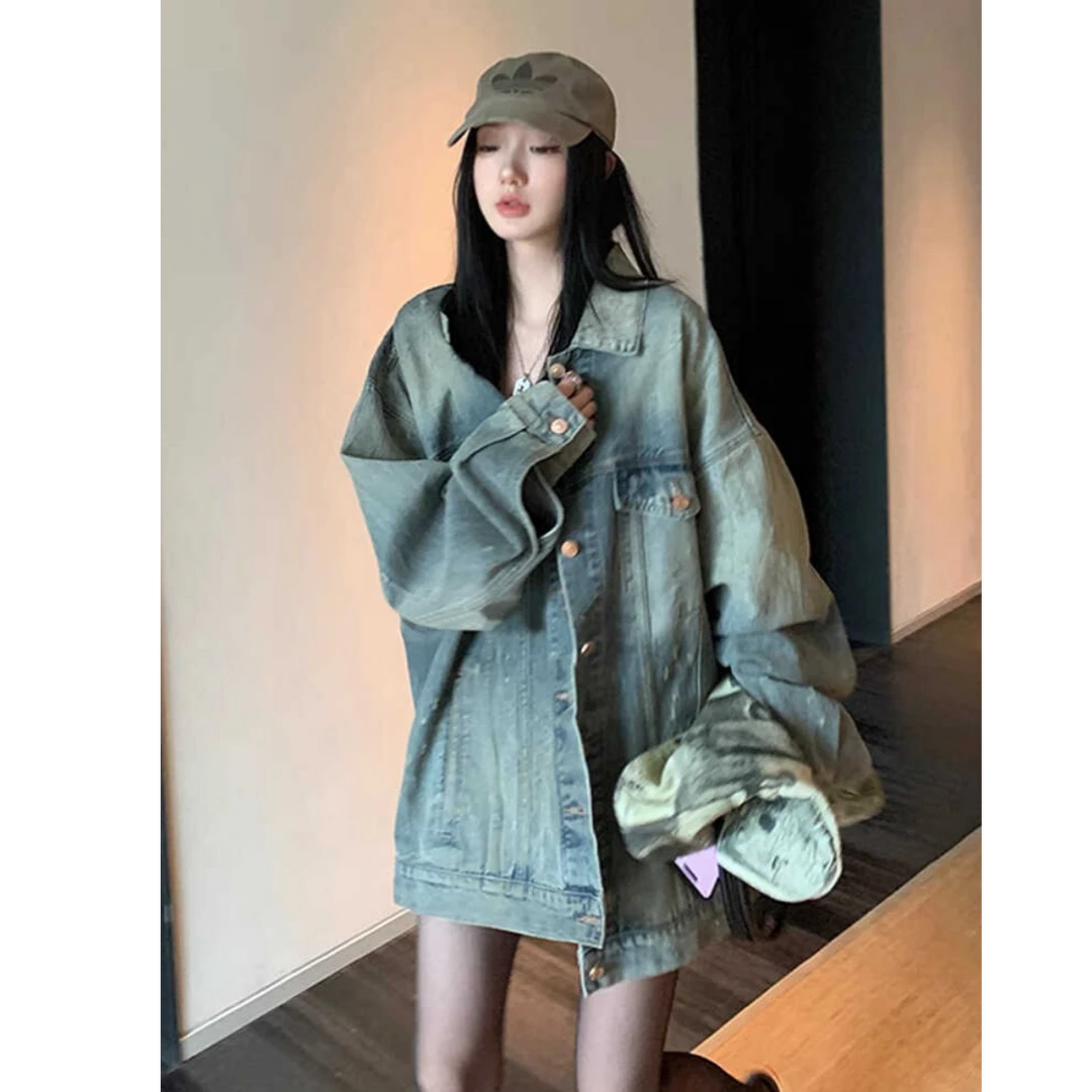 早秋美式复古水洗做旧牛仔外套女中长款宽松春秋2024新款夹克上衣