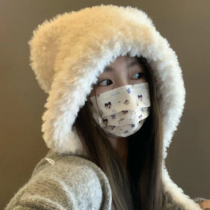 可爱立耳小熊毛绒帽子女秋冬保暖加绒加厚仿兔毛套头帽护耳雷锋帽