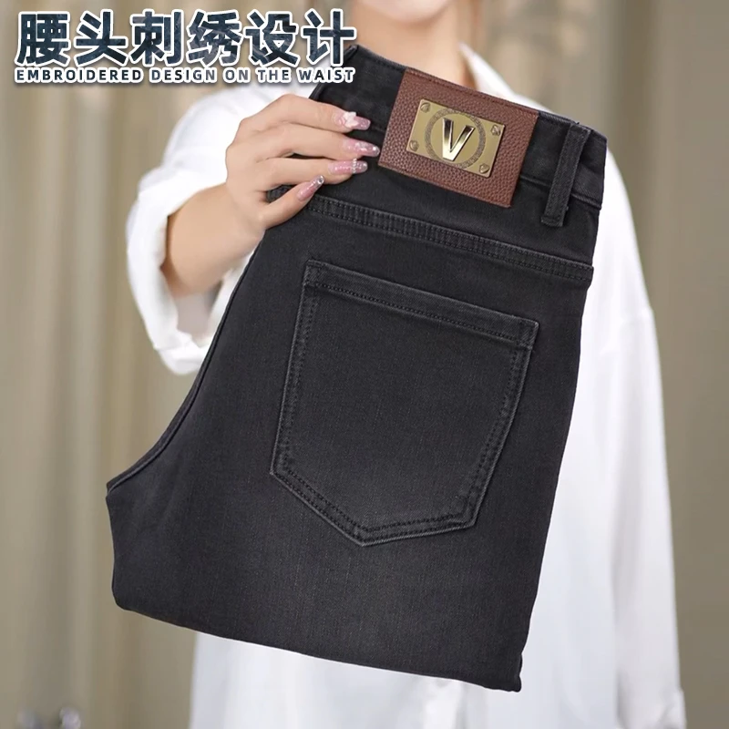 欧货轻奢牛仔裤男士春季新款黑灰色修身小直筒腰头刺绣长裤子男款