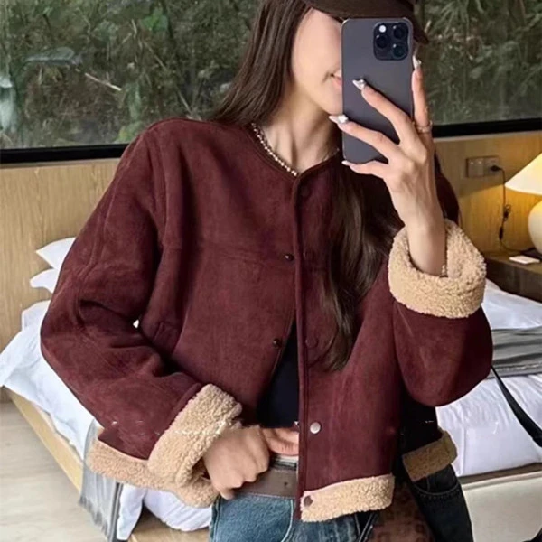 秋冬2024时尚小个子机车服夹克加绒加厚上衣皮毛一体绒毛外套女