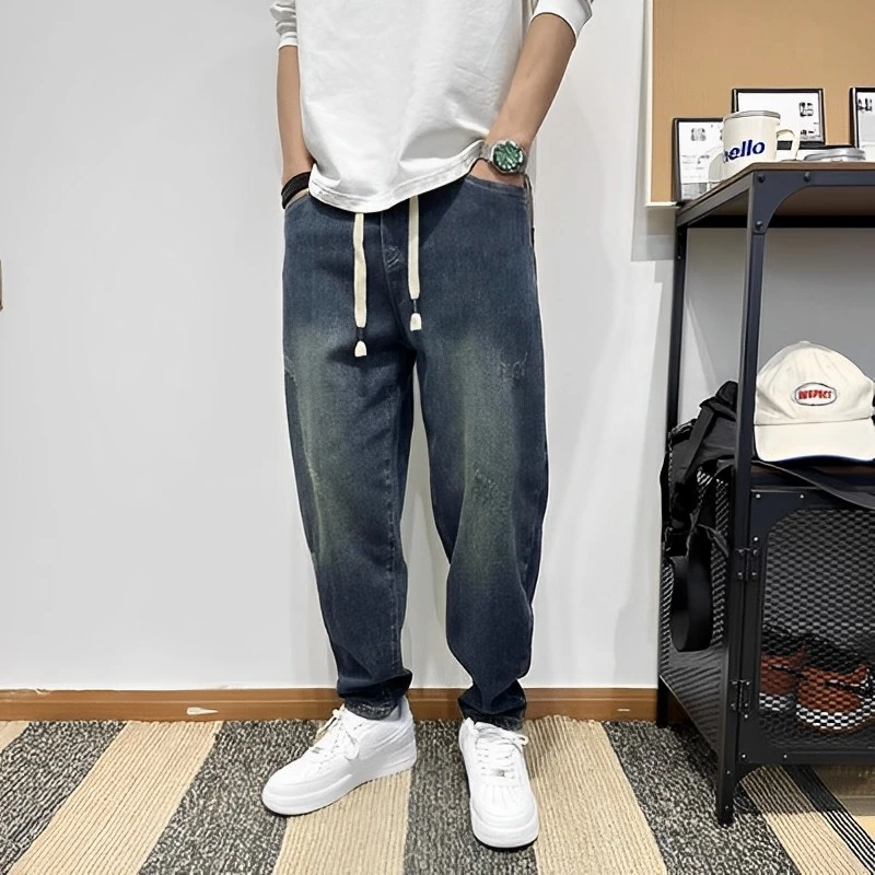 休闲牛仔裤男2023秋季美式复古宽松哈伦裤少年感松紧腰挽边小脚裤