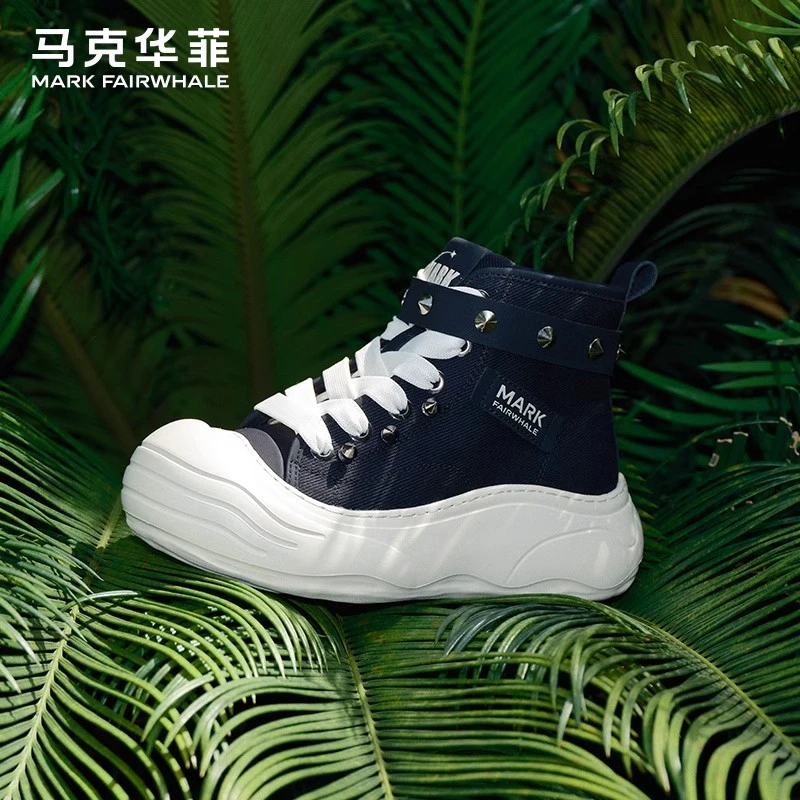 马克华菲女鞋黑色休闲厚底高帮帆布鞋女2025新款秋季情侣百搭鞋子