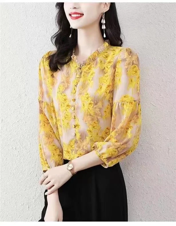 春季 百搭透气衬衫2023秋冬新款碎花上衣时尚气质显瘦印花小衫