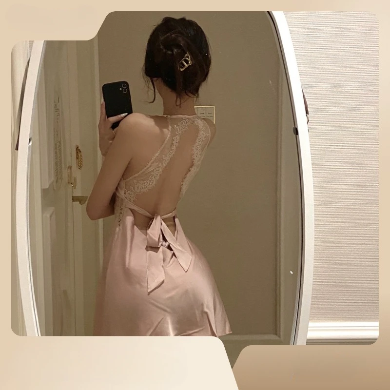 新年战袍内衣性感高级蕾丝露背缎面蝴蝶结吊带睡裙轻奢高档睡衣收