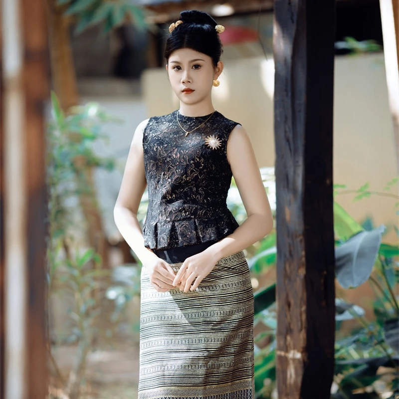 沙芭利 西双版纳傣族服装 黑色金丝蕾丝套装 东南亚风格服饰