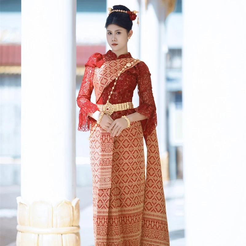 沙芭利 西双版纳傣族服装 红色泰式蕾丝套装 年会民族风礼服