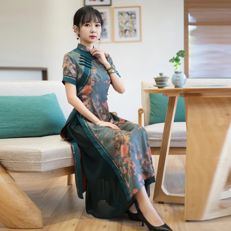 如意风改良奥黛连衣裙女复古时尚原创新款中式显瘦气质长裙23R003