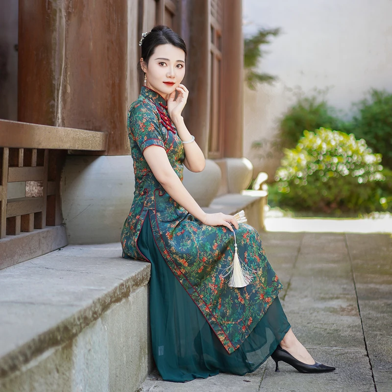 如意风夏季新款民国复古改良旗袍裙女新中式优雅中长款旗袍24F113