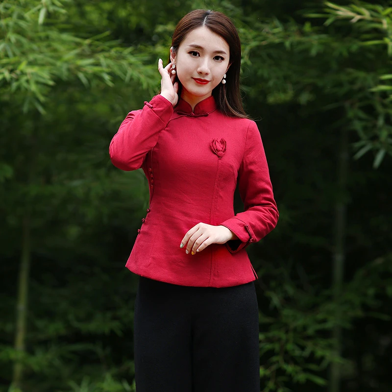 中式红色上衣唐装女冬装加厚棉旗袍小袄复古民国中国风女装9495