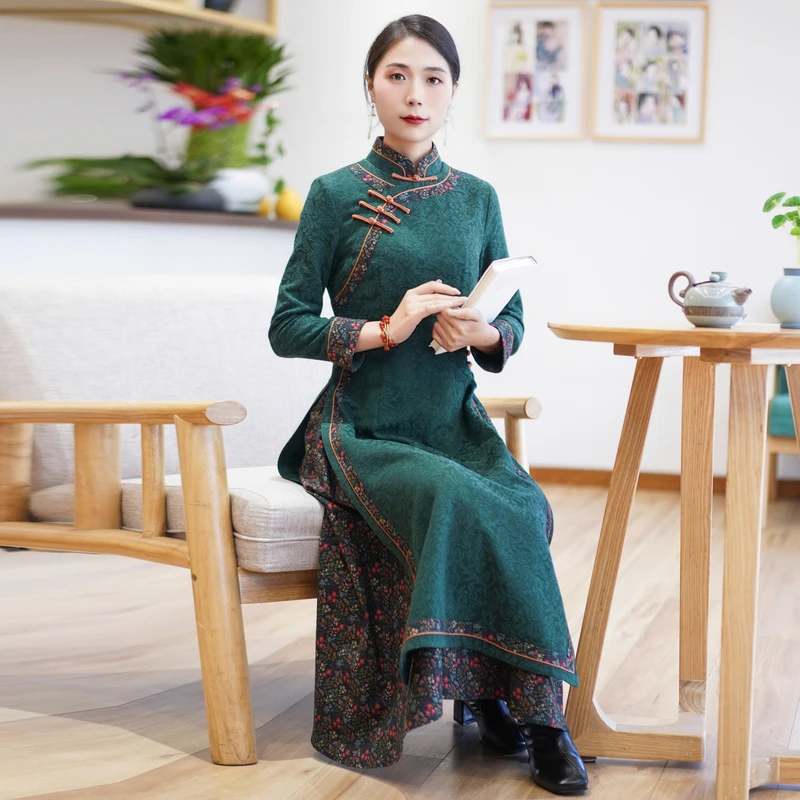 如意风旗袍冬季新款女绿色气质妈妈改良中式奥黛显瘦连衣裙23J286