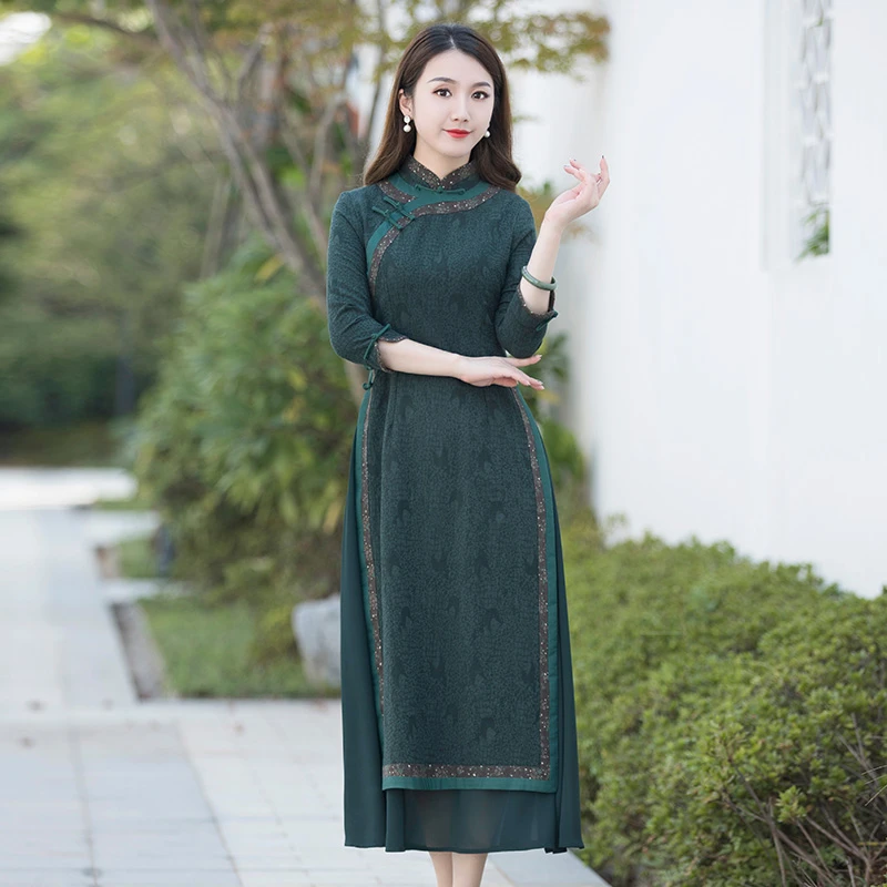如意风奥黛旗袍中国风女装修身显瘦高端气质复古旗袍连衣裙9125