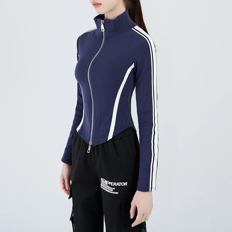 立领修身开衫短外套时尚双头拉链女士长袖拼接立领显瘦运动短外套