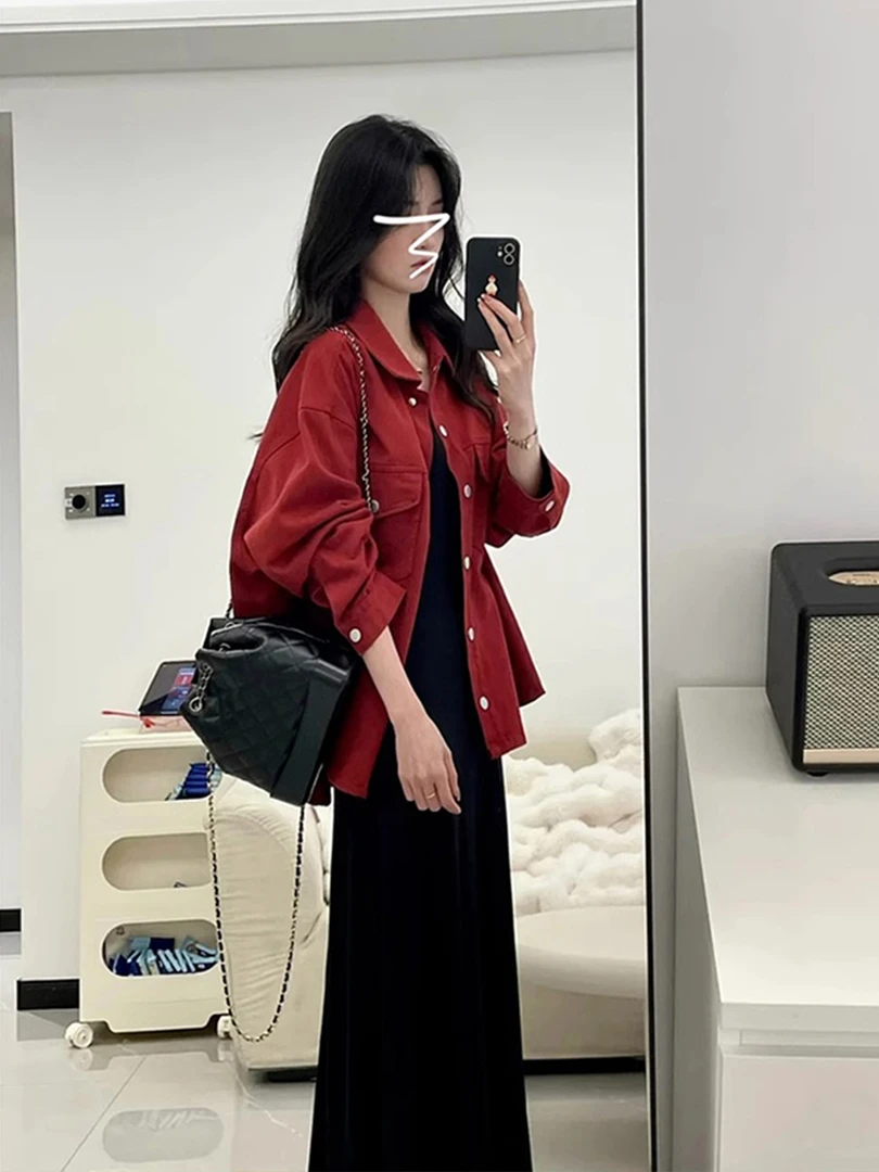 早春穿搭一整套黑色吊带连衣裙女2025新款红色外套内搭长裙两件套