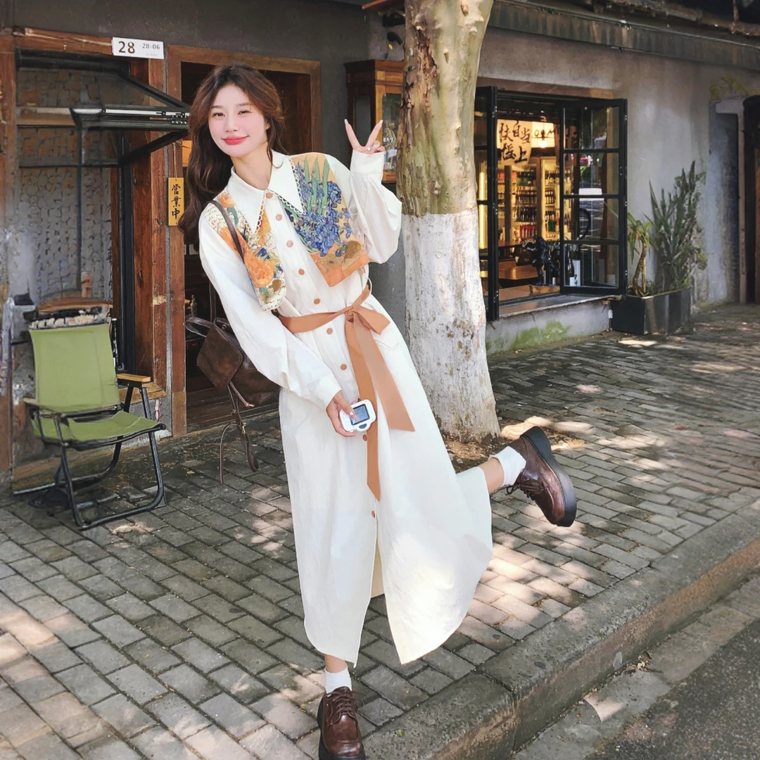 法式温柔风拼色印花衬衫裙女2025早春新款绝美重工收腰长袖连衣裙