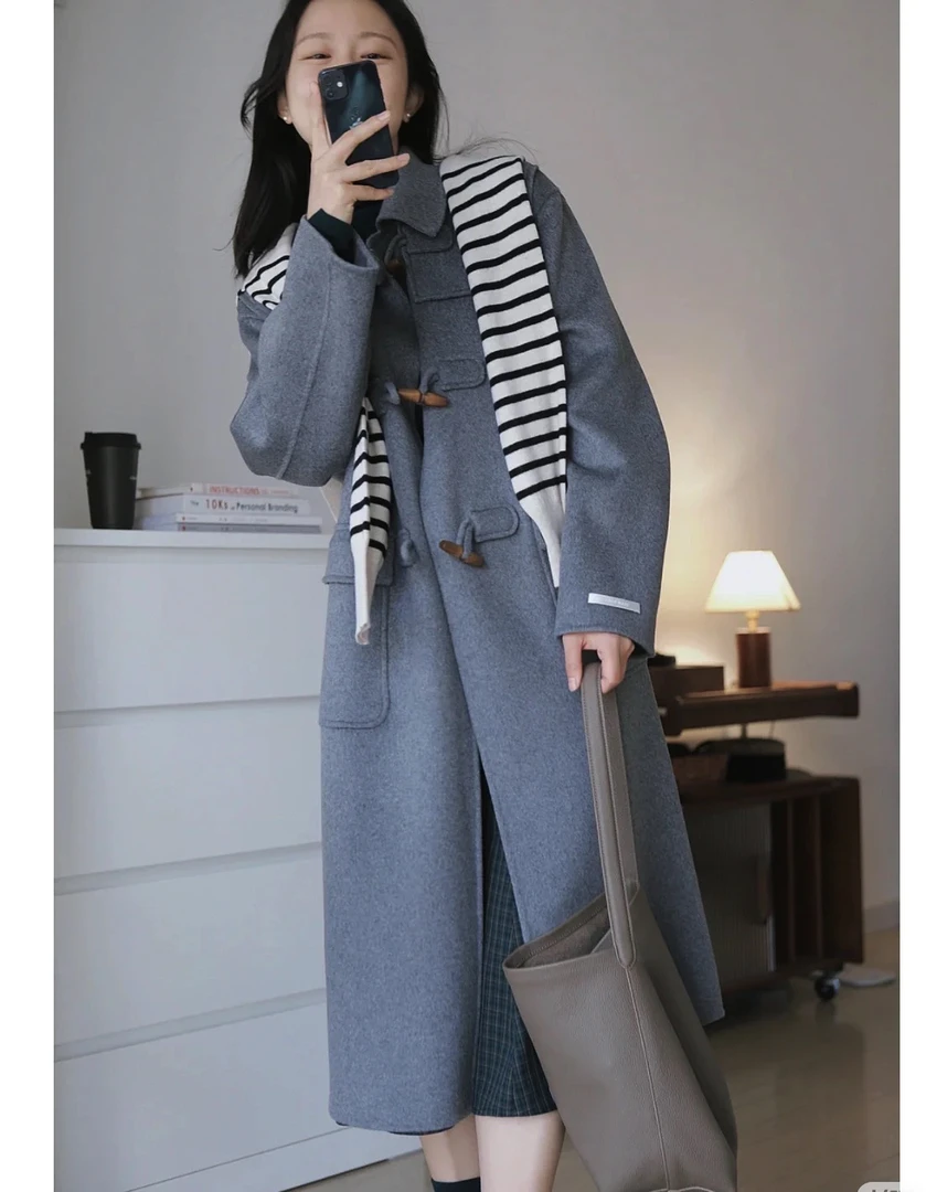 2024款秋冬爆款百搭牛角扣学院风修身长款双面呢羊毛大衣羊绒