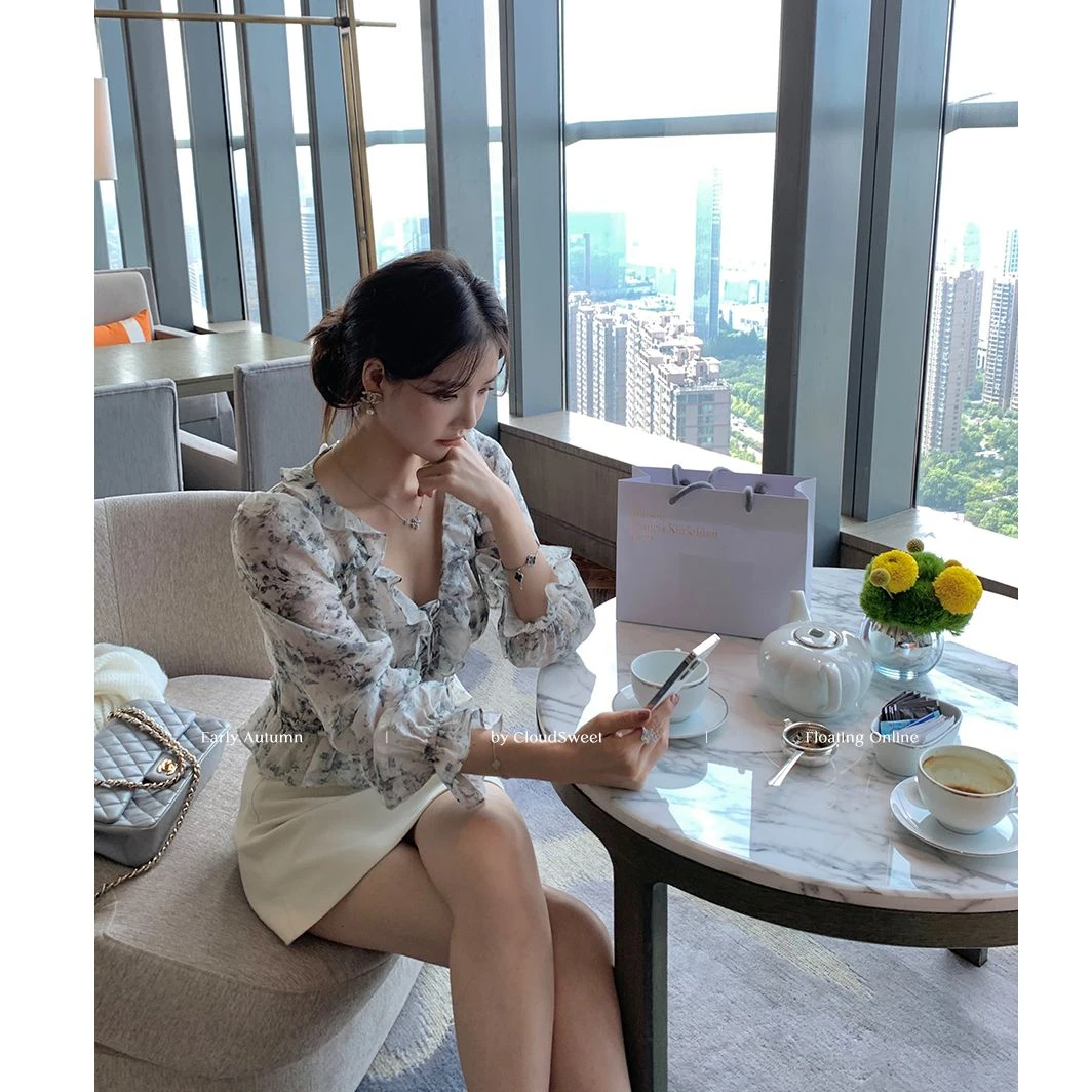 CloudSweet 烟墨格桑 荷叶领 通勤雪纺上衣