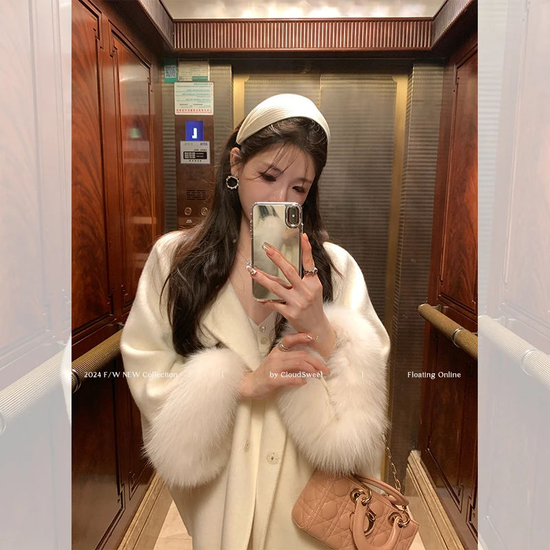 【CloudSweet10/24 10:00】雪洛佳人/贵气毛毛袖中长款廓型呢大衣