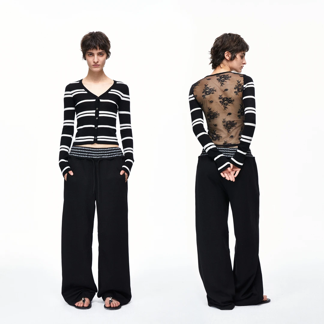 PRRP原创设计感小众微透蕾丝背拼接条纹开衫长袖针织衫上衣