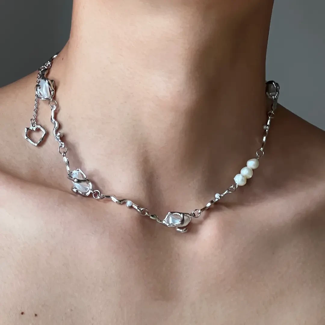 钛钢项链 钛钢项链 不规则仿珍珠几何高级感项链小众设计轻奢男女