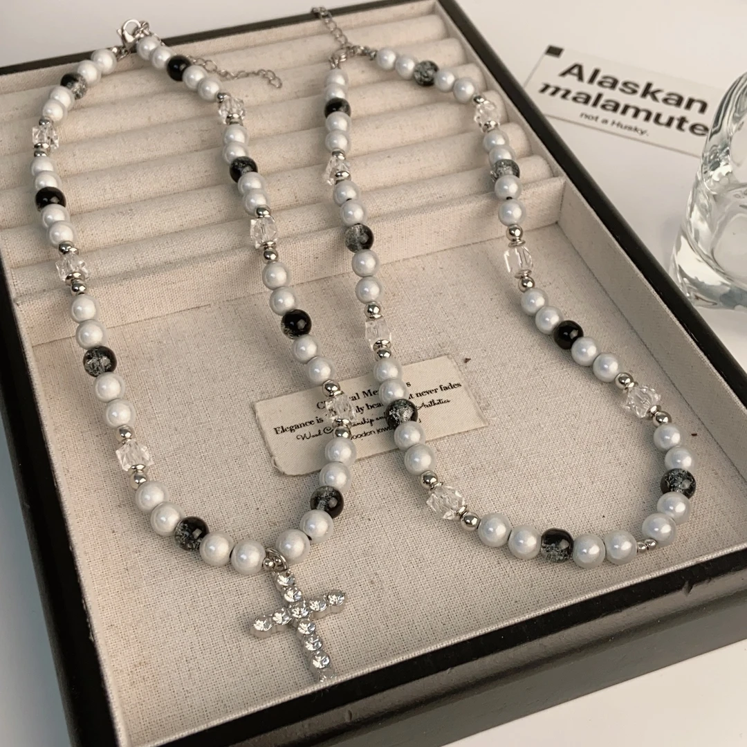 合金仿珍珠项链 欧美复古镶钻珍珠十字架项链男ins嘻哈叠戴小众