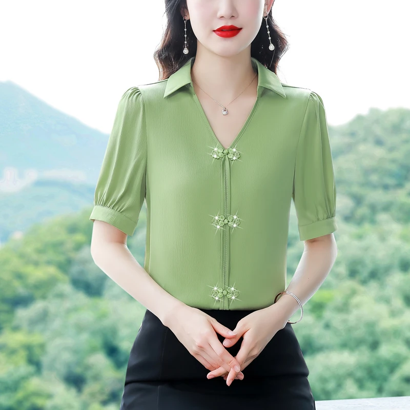 高级感缎面衬衫女短袖夏装时尚气质盘扣小衫高端洋气女士雪纺上衣