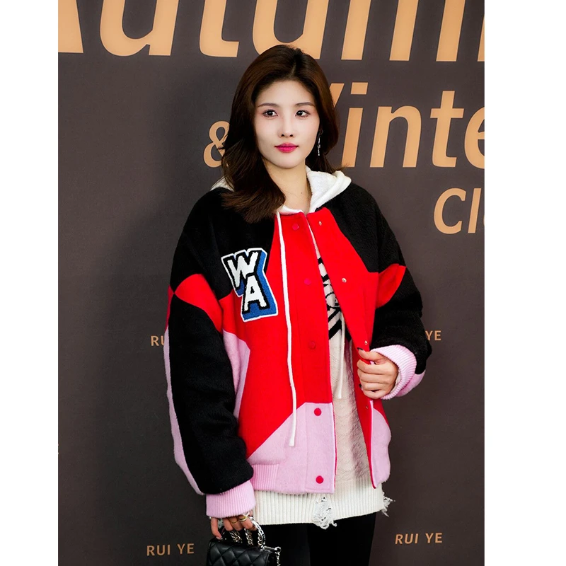 JY2WT1926设计感撞色五角星眼睛潮百搭秋冬新款棒球服外套女
