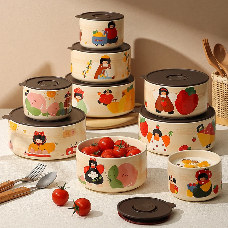 卡通外出密封带盖陶瓷饭盒可爱大号防漏保鲜碗水果碗上班族餐盒