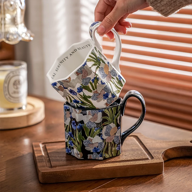 陶瓷杯八角马克杯复古咖啡杯女高颜值鸢尾花杯子情侣杯高级感一对