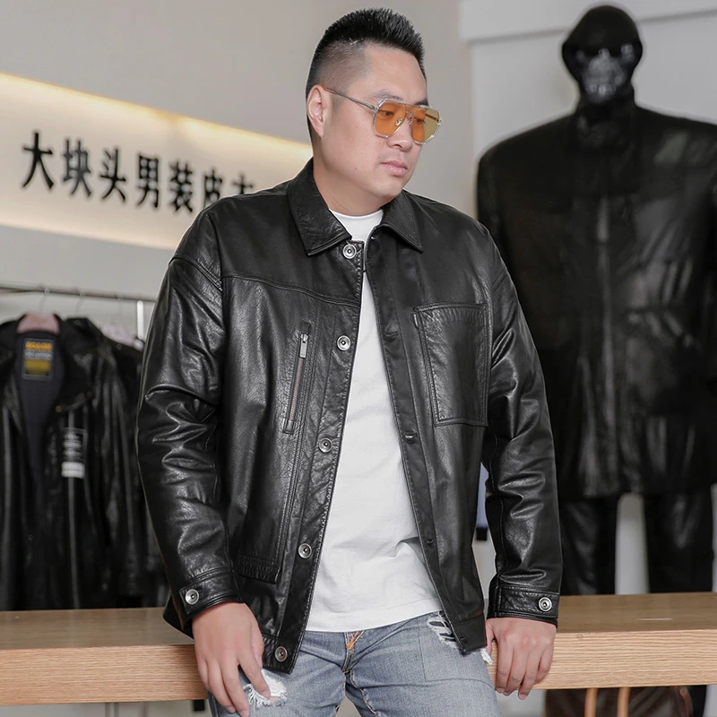 伯圣春秋头层牛皮300斤胖子加大码男装真皮皮衣高档休闲时尚短款