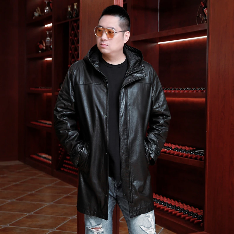 高档头层牛皮胖子加大码男士真皮皮衣休闲连帽防风长款外套加绒