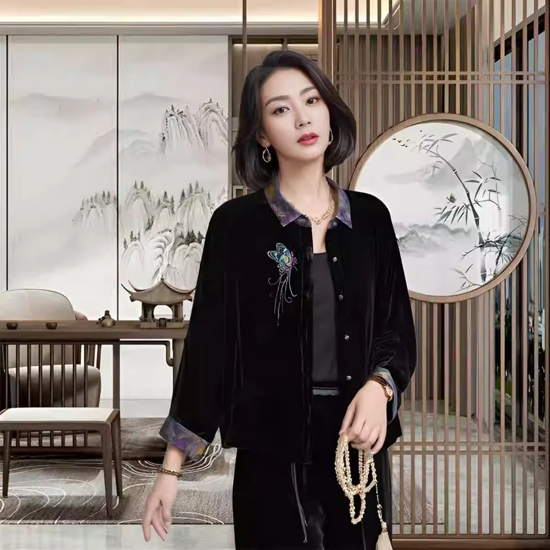 真丝丝绒妈妈外套女2024新款秋桑蚕丝金丝绒上衣新中式国风真丝绒