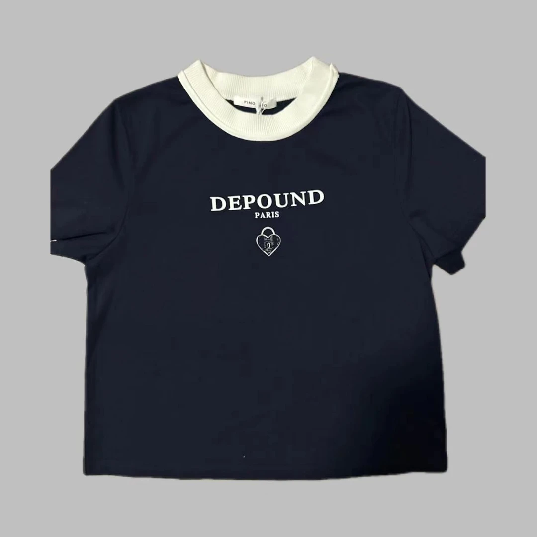 2024夏季简约新品印花韩系时尚百搭小个子拼接圆领修身T恤女款