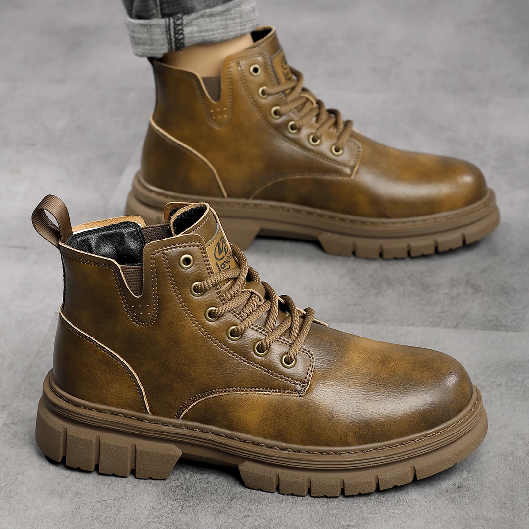 高帮靴子时尚休闲马丁靴男士百搭真皮复古潮流加绒英伦风机车靴子