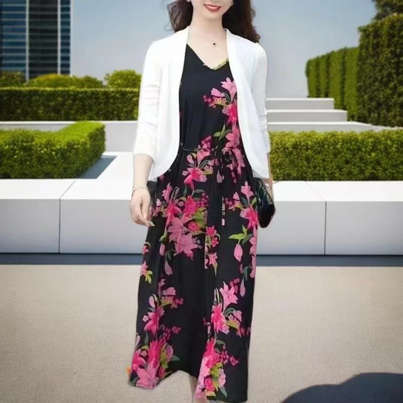 妈妈气质长裙中长款过膝连衣裙无袖冰丝女印花吊带背心裙子两件套