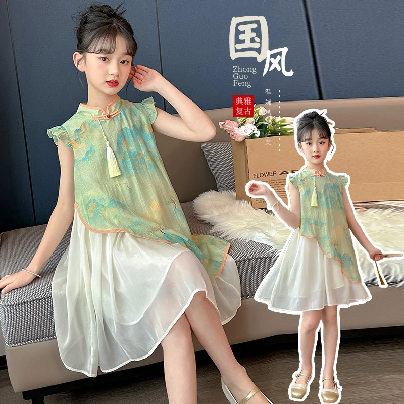 ABC正品夏季爆款女童国风山水画旗袍裙2024时尚网红女童国风女孩