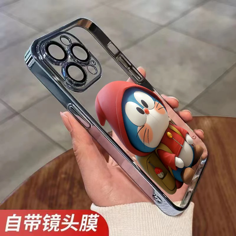 苹果15手机壳红帽叮当猫iPhone14电镀硬壳13自带镜头膜12镜头全包