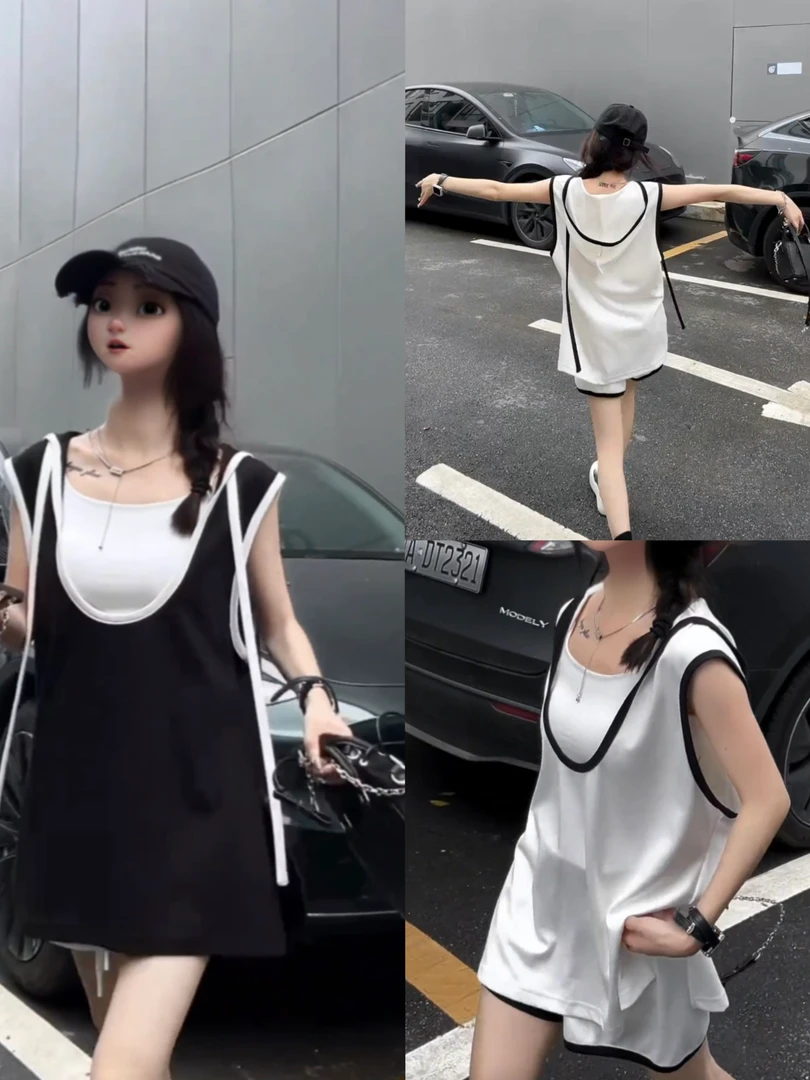 2025年大码时尚休闲运动潮流韩版慵懒宽松无袖连帽上衣短裤两件套